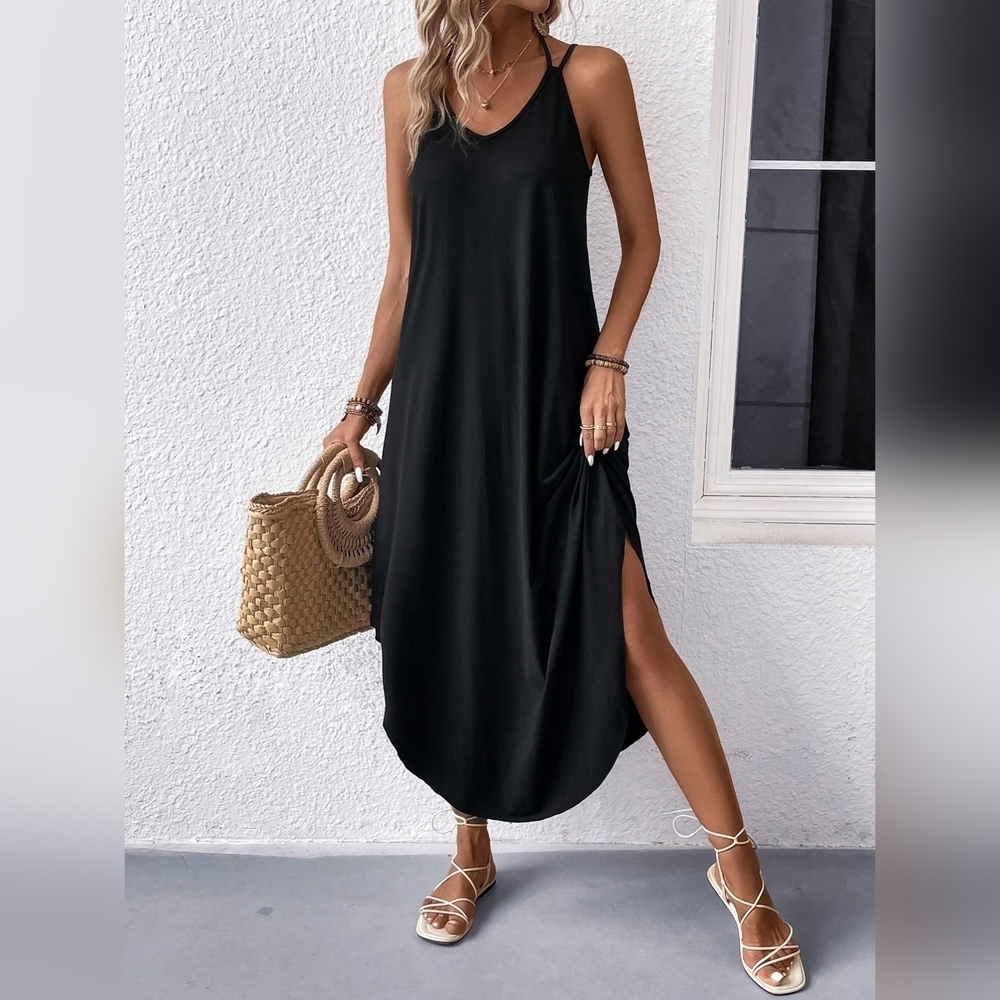 Solid Curved Hem Cami Dress